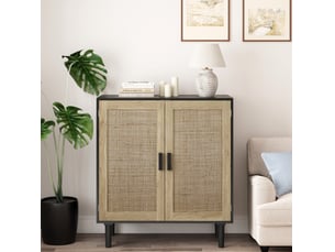 Armoire de rangement 80x40x88 cm, buffet avec 2 portes, style rotin, poignées bois, meuble rangement salon, mdf noir