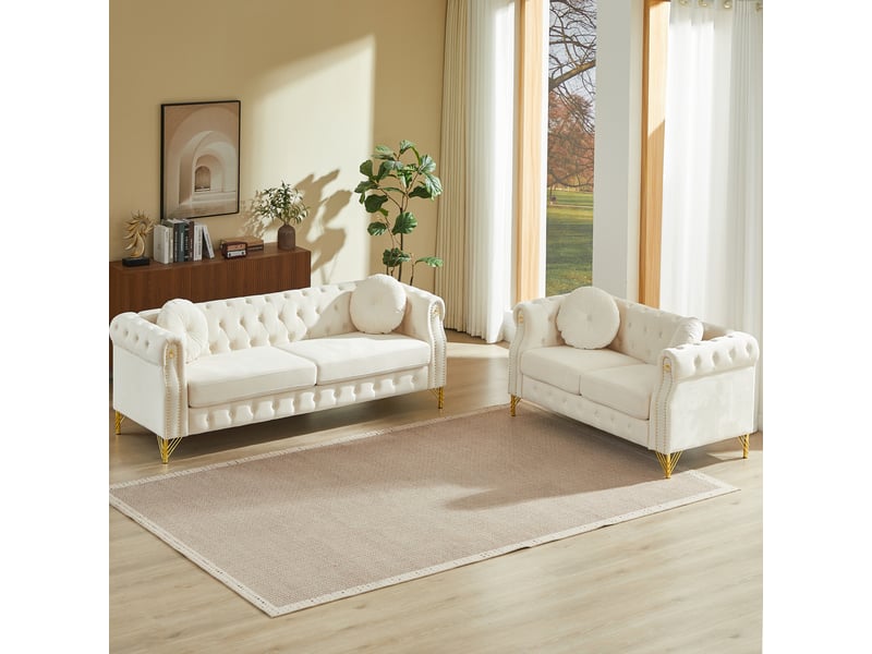 Canapé 2 +3 places en velours beige avec pieds en métal doré - Conforama B