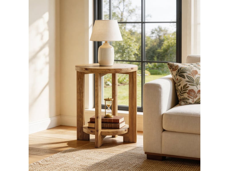 Table d'appoint ronde en bois massif avec rangement à 2 niveaux, table de chevet décorative, table de nuit ronde en bois pour salon, chambre, petits espaces, montage facile, marron  - Conforama D
