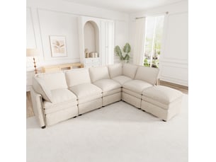 Canapé modulable convertible 6 places avec ottoman mobile, en chenille beige