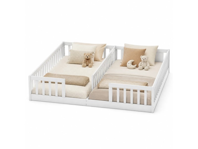  Lit enfant 2x90x200cm, sans sommier, lit bébé avec barrière de sécurité, lit simplex2, en bois+mdf blanc, sans matelas  - Conforama A