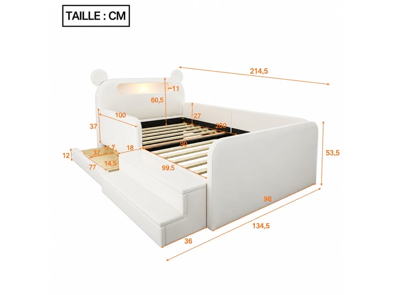  Lit enfant 90 x 200 cm avec tête de lit ours, veilleuse, usb et rangement blanc  - Conforama C