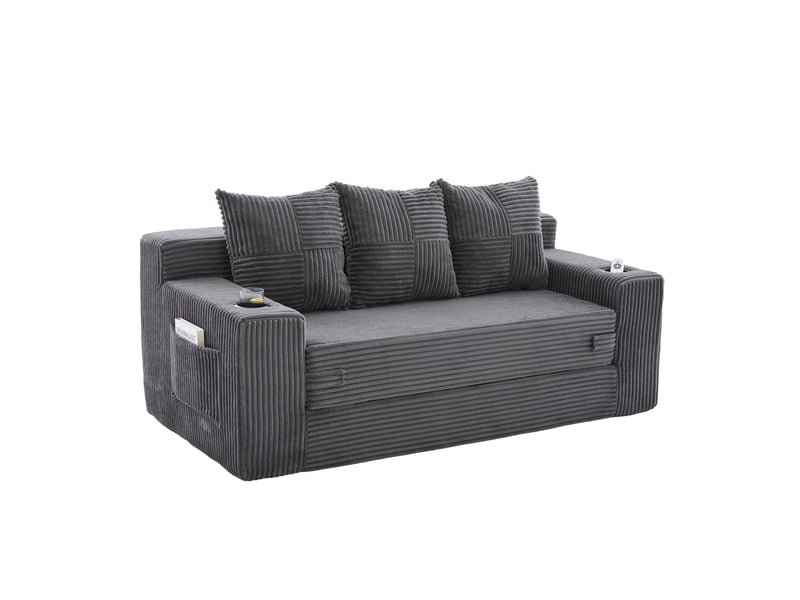  Canapé 3 places modulaire 172x87x64 cm gris en velours côtelé, 2 porte-gobelets et poches latérales  - Conforama A