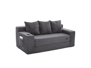 Canapé droit fixe DESVIAE 3 places Velours côtelé gris avec coffre de rangement