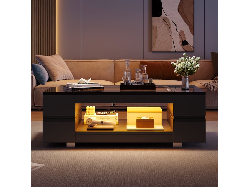 Table basse noire led 100x50x35 cm avec contrôle par application bluetooth, plateau en verre trempé et design creux pour salon  - Conforama D
