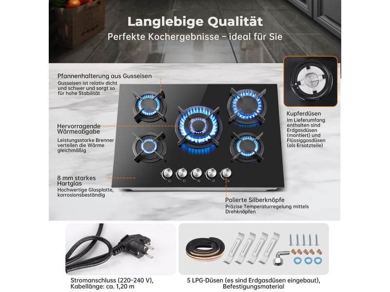 Plaque de cuisson gaz 5 feux, plaque gaz 70 cm en verre noir, 10400 w, encastrable ou posable, gaz naturel et propane - Conforama E