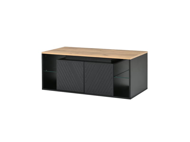  Table basse led avec 2 portes et niches ouvertes, pour salon, en panneaux de particules, noir et bois, 100 × 50 × 41 cm  - Conforama E