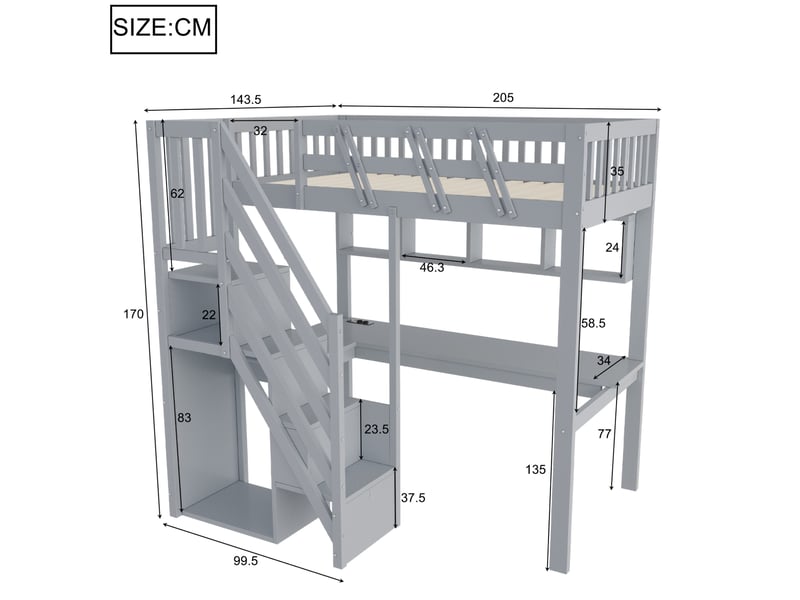 Lit mezzanine 90x200 cm avec bureau led et rangements gris - Conforama C