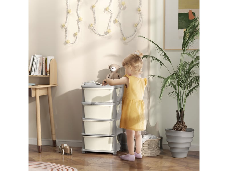  Organisateur de jouets pour enfants avec 4 tiroirs à 4 niveaux, boîtes de rangement en plastique, crème, 37 x 37 x 76 cm  - Conforama D
