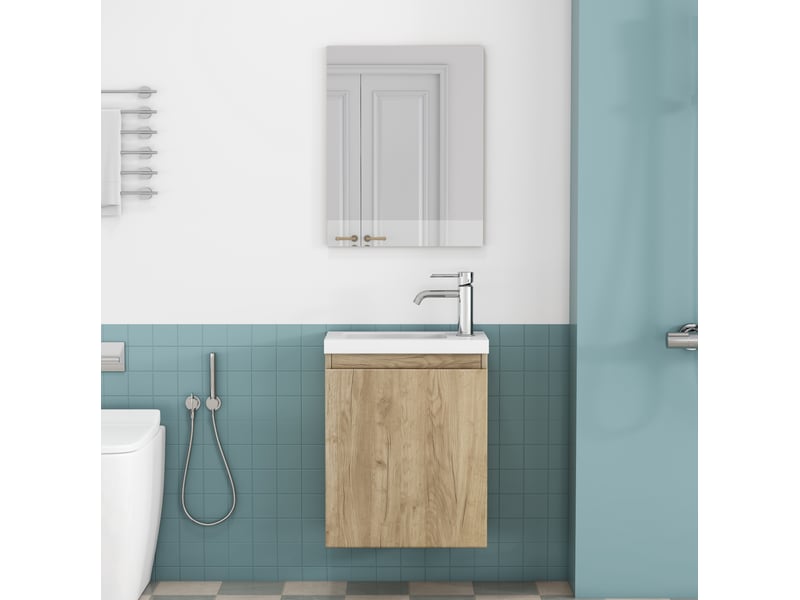  Meuble sous vasque mural avec 1 porte, vasque en céramique et miroir sans poignée pour salle de bain en mdf chêne  - Conforama B