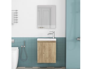 Meuble sous vasque mural avec 1 porte, vasque en céramique et miroir sans poignée pour salle de bain en mdf chêne