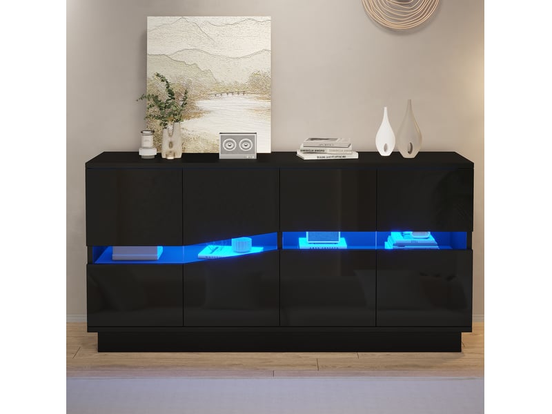 Buffet bas 140x35x70 cm à 4 portes led noir brillant - Conforama B