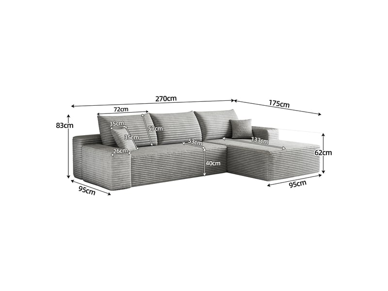 Canapé d’angle en l gris, 270 × 175 × 83 cm, configuration en l avec méridienne, espace de détente généreux, assise accueillante - Conforama C