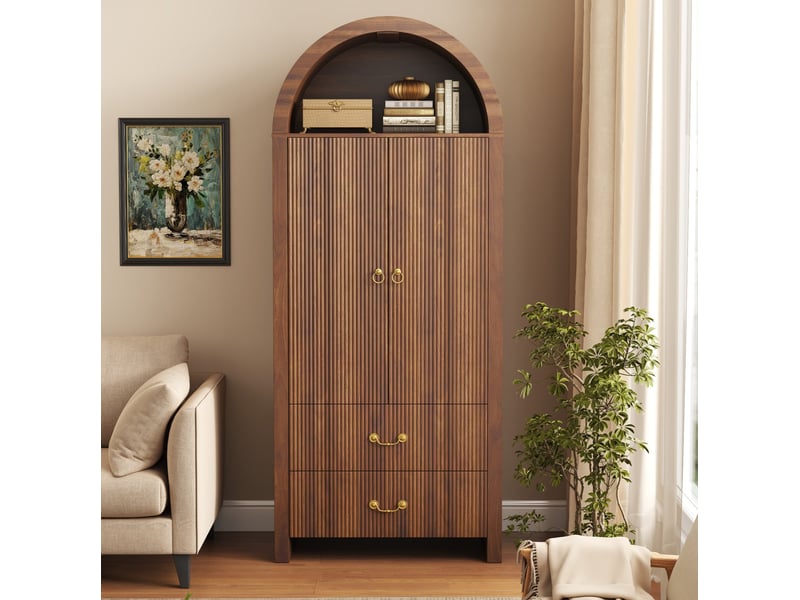 Buffet 76x38x180 cm, niche ouverte en arc, éclairage led, 2 portes et 2 tiroirs, mdf et panneau de particules, noyer - Conforama D