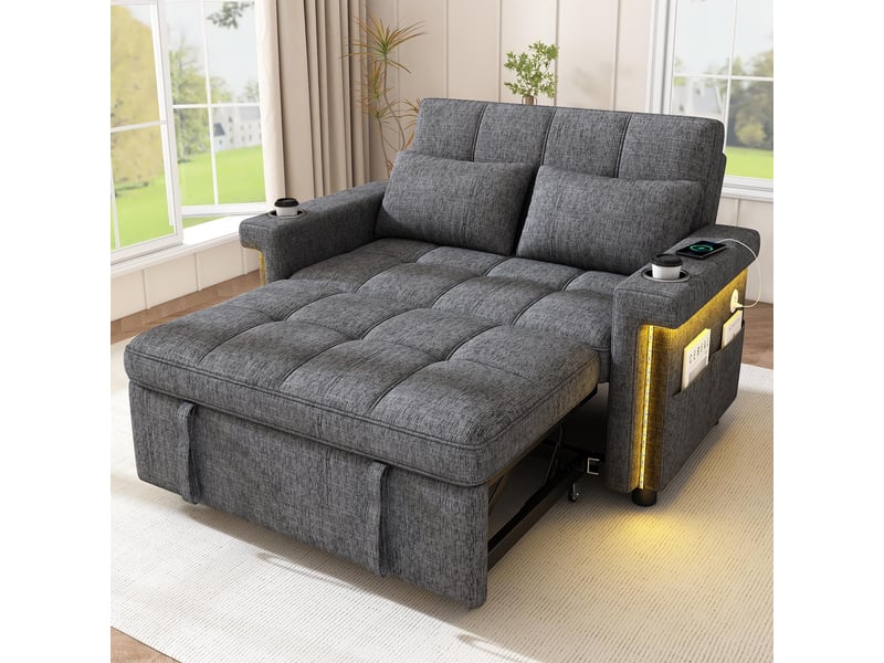 Canapé 2 places - 145x141.5x90cm - canapé convertible lit en chenille avec led rgb, ports usb & porte-gobelets - gris - Conforama B
