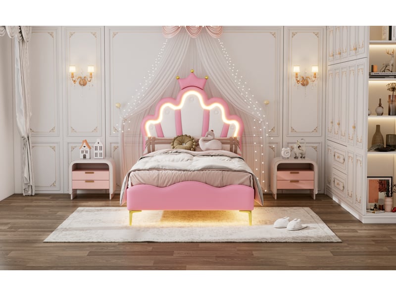 Lit double 90x200 cm style princesse couronne simili cuir rose led intégré sommier à lattes inclus Sol Morn - Conforama E