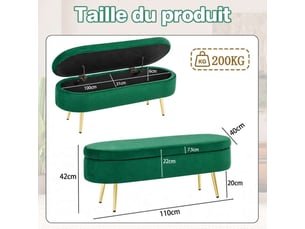 Banc coffre de rangement 110x40x42 cm en velours avec pieds en métal – bout de lit capitonné ovale avec coffre 20l à vérin hydraulique – banc d'entrée et salon – vert foncé