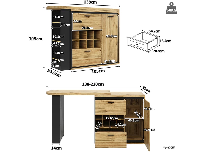  Bar extensible 138-220 x 39 x 105 cm, rangement intégré 2 tiroirs + casier vin, plateau effet bois mdf et métal, bois  - Conforama C