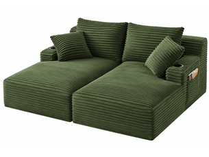 Canapé 2 places convertible en double méridienne, assise à ressorts, porte-gobelets, velours côtelé, vert