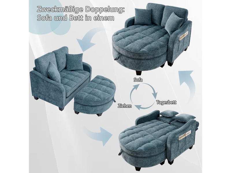 Canapé convertible, canapé-lit – en tissu, avec pouf, bleu - Conforama C