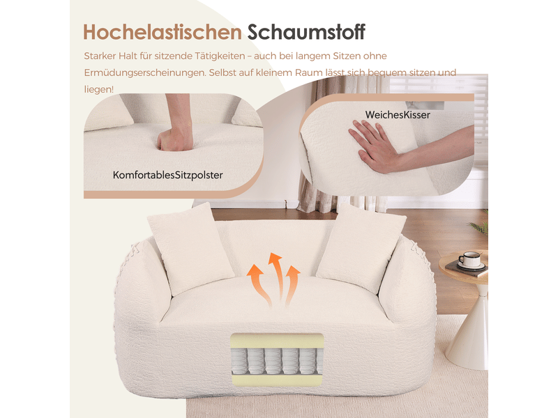 Canapé compressé 2 places 155x90x67 cm sans montage, sans structure, accoudoirs avec lacets, 2 coussins, mousse, tissu chenille blanc crème - Conforama E