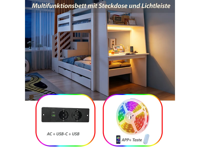  Lit superposé 90x200 cm - avec éclairage led - avec rangement - en bois - blanc CARDUME ESTIVAL - Conforama D