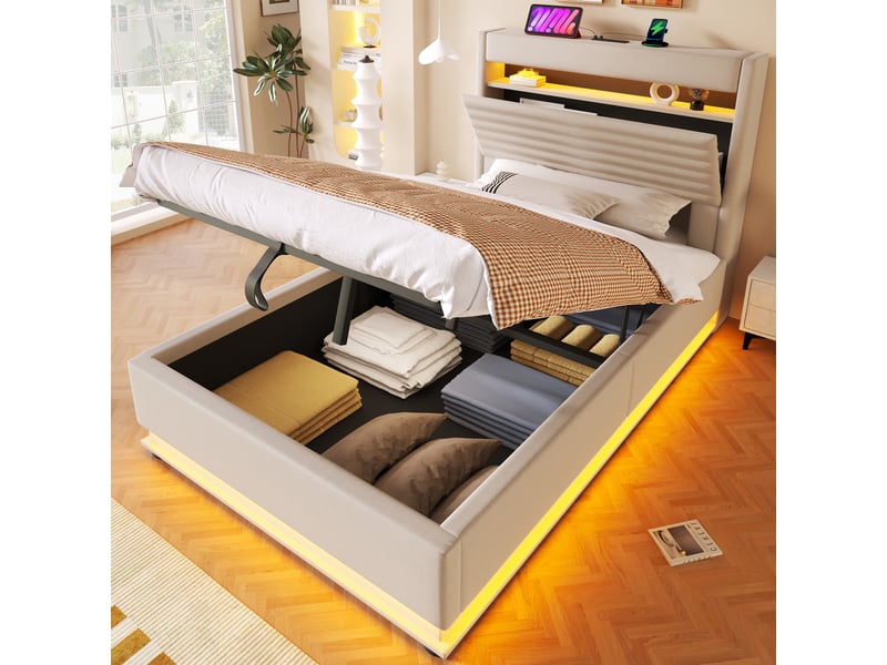  Lit coffre rembourré 90x200 cm avec rangement rabattable, led avec commande bouton et application, usb-c, lin beige evarich - Conforama B