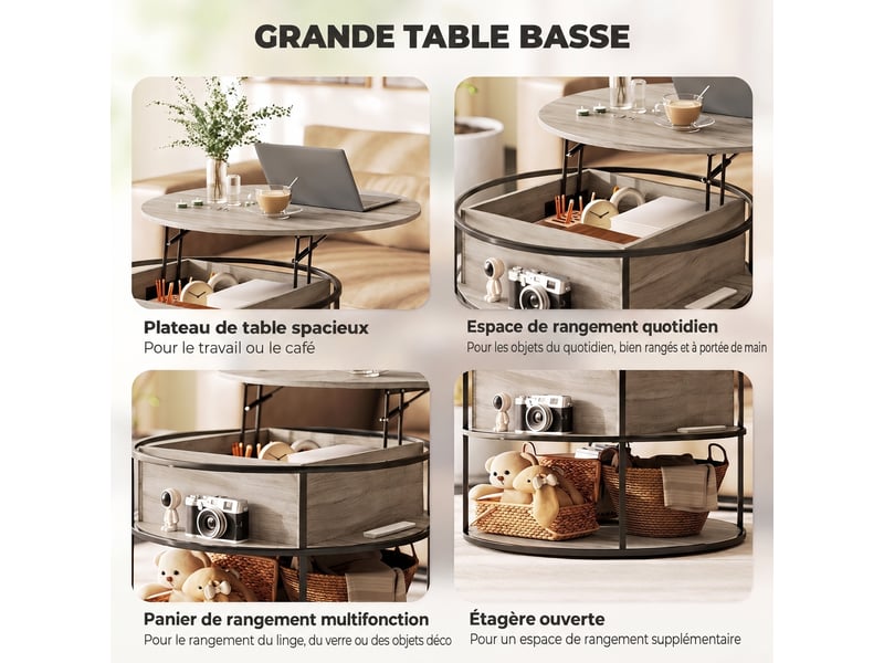 Table basse ronde à plateau relevable, coffre et étagères, structure acier, décor chêne et noir, ø 80 cm - Conforama E