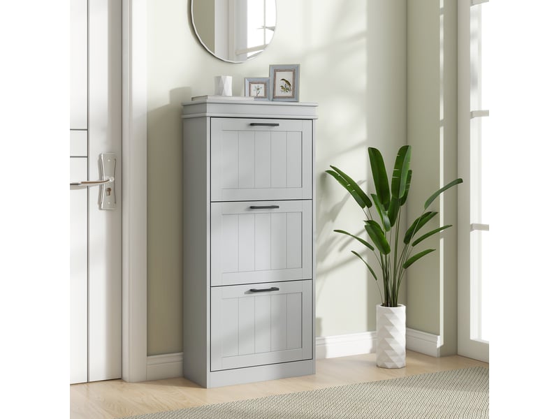  Meuble à chaussures, armoire à chaussures 3 portes abattants 15 paires, étagères réglables, gris, 54 x 24 x 117,5 cm  - Conforama D