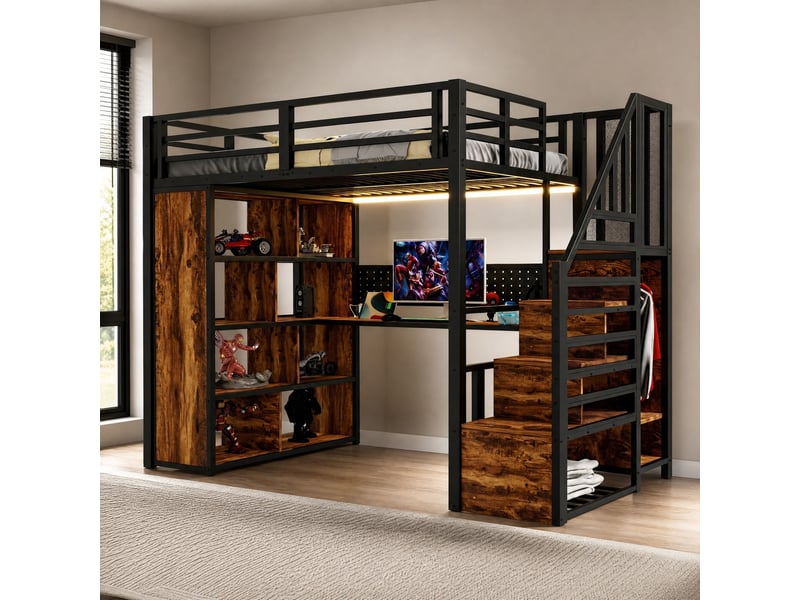  Lit mezzanine 90 × 200 cm 1 place avec bureau, led réglable, prise électrique et armoire, sans matelas, métal noir  - Conforama B