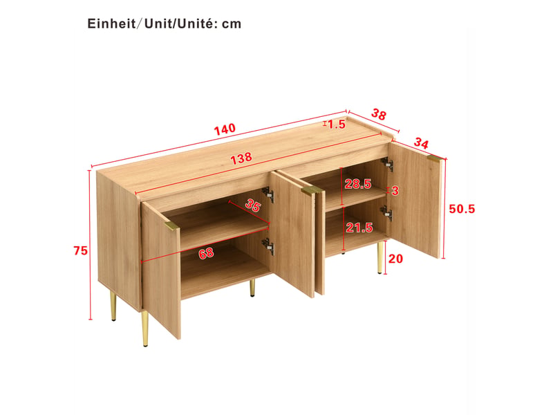  Buffet de rangement 140x38x75 cm, avec portes, pieds métal doré, mdf finition bois naturel, salon, élégant, rangement  - Conforama C