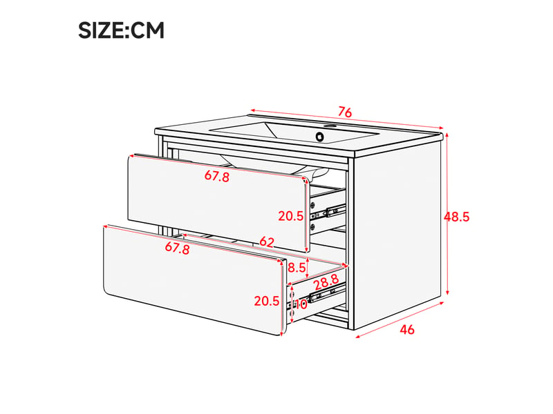  Meuble vasque suspendu 76x46x48,5 cm – blanc – led à détection radar, 2 tiroirs silencieux en mdf  - Conforama C
