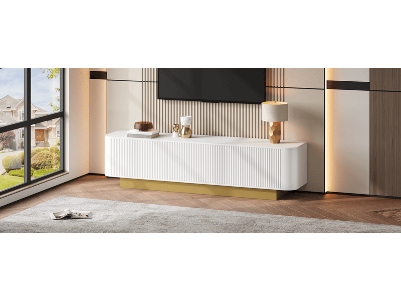  Meuble tv bas moderne avec rangement, gestion des câbles, design arrondi, façade texturée, meuble multimédia pour salon  - Conforama W