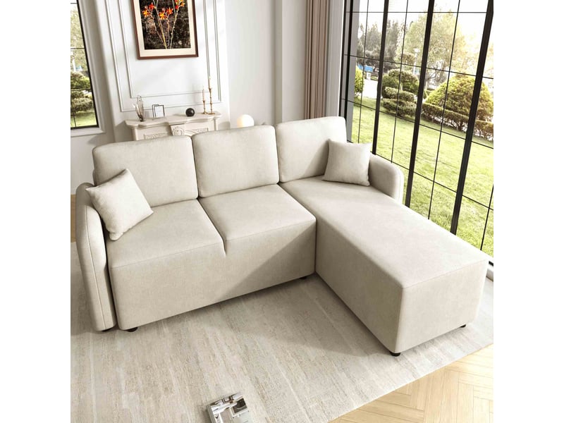 Canapé d’angle 3 places en chenille avec méridienne 187.5x144x85.5 cm, assise confortable en mousse haute densité, 2 coussins inclus - beige clair - Conforama B