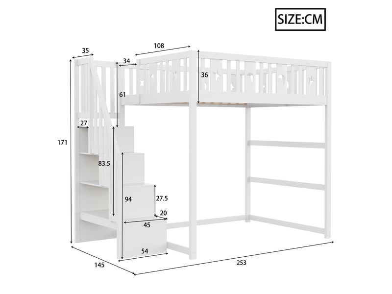  Lit mezzanine 140x200cm coloris blanc bois massif lit enfant blanc - Conforama C
