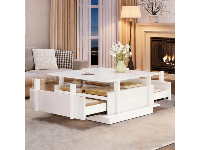  Table basse carrée avec 2 tiroirs et éclairage led pour salon 70×70×35 cm en panneaux de particules blanc  - Conforama B