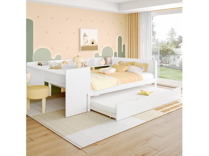  Lit gigogne 140x200 cm avec bureau et étagères en pin blanc  - Conforama C