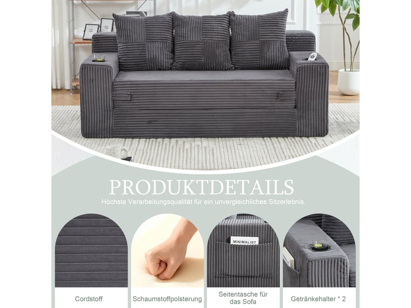  Canapé 3 places en velours côtelé, sans montage, design modulaire, porte-gobelets, rangements latéraux, 172×87×64 cm  - Conforama D
