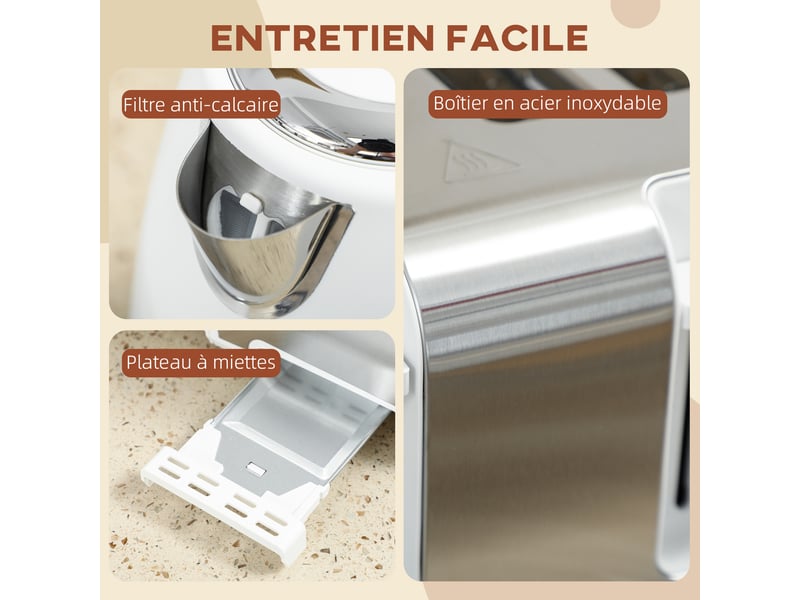  Ensemble bouilloire et grille-pain, blanc, bouilloire en acier inoxydable 1,7 l et 2200 w et grille-pain à 4 tranches  - Conforama W