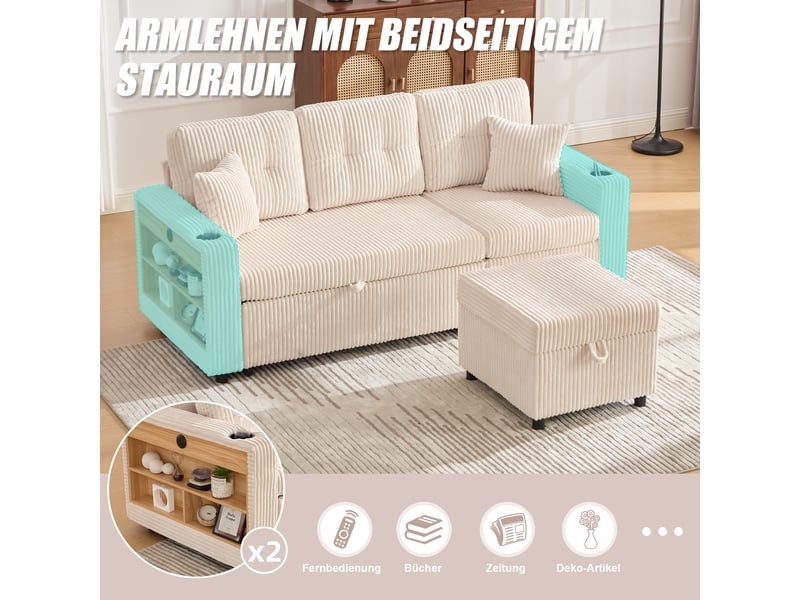  Canapé de salon, canapé velours – en velours tricoté, port usb, porte-gobelets, lit gigogne, avec accoudoirs, avec rangement  - Conforama D