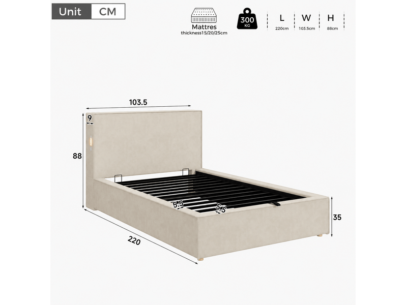  Lit coffre 90x200 cm, sommier à lattes inclus, ouverture hydraulique, tête rembourrée, chenille beige sans matelas  - Conforama C