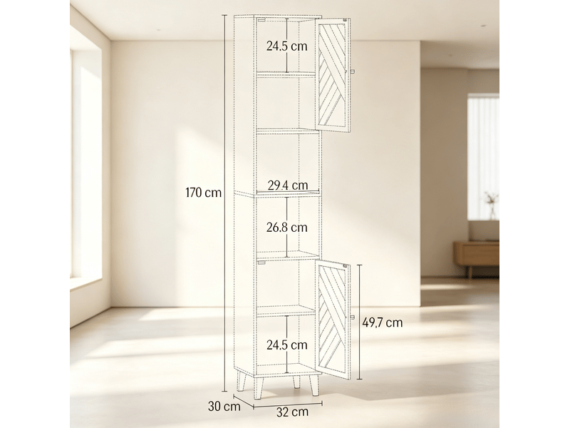 Armoire de salle à bain avec 2 portes, 2 niches ouvertes et étagères réglables, effet bois naturel, 32 × 30 × 170 cm - Conforama C