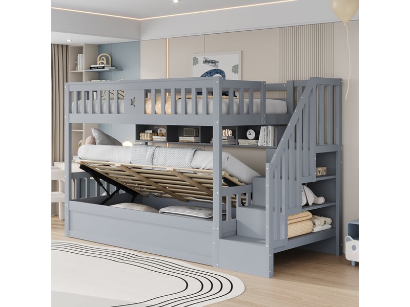  Lit superposé 90x200 cm - lit simple enfant avec escalier fonctionnel et rangements - structure robuste - en pin et mdf - gris - sans matelas  - Conforama B