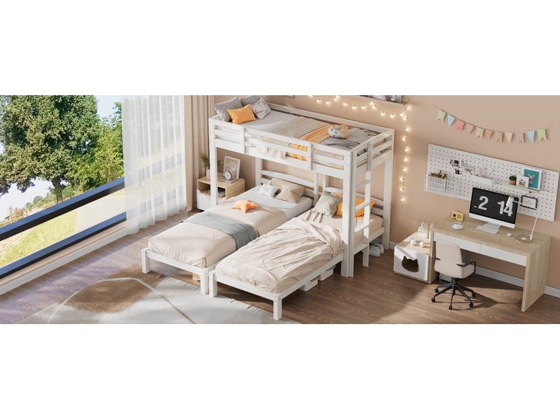 Lit superposé triple 90 × 200 cm, 3 couchages, échelle latérale réversible, tablette, barrières, pin massif, blanc - Conforama B