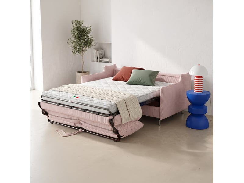 Canapé droit convertible 3 places en velours côtelé rose pâle - ouverture express - astoria Astoria - Conforama C