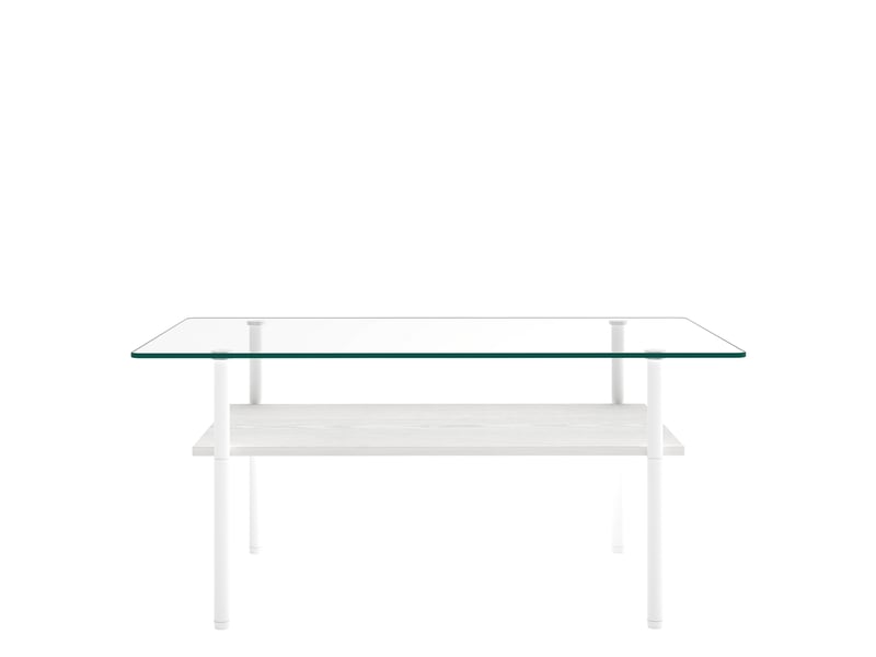  Table basse avec plateau en verre et étagère en mdf pour salon, structure métallique blanche  - Conforama D