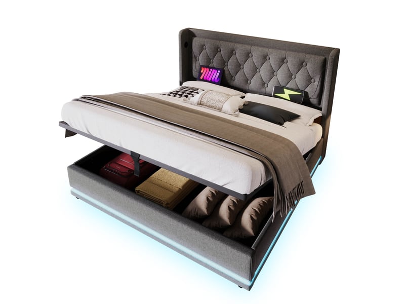  Lit coffre 140 × 200 cm 2 places avec led réglable, usb et type-c, rangement hydraulique, matelas inclus, gris  - Conforama A