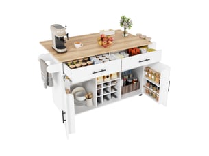 Desserte de cuisine avec 2 tiroirs, 2 placards, plateau rabattable, range-bouteilles et roulettes, blanche, 120×45×84 cm