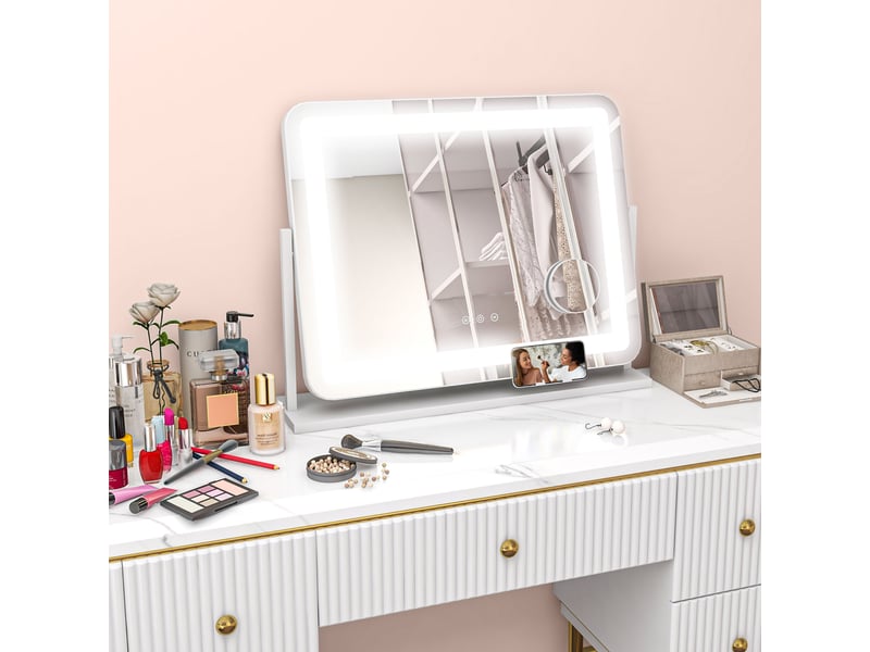 Miroir de courtoisie pivotant 58 x 46 cm avec 3 modes d'éclairage réglables, interrupteur tactile, miroir grossissant, blanc - Conforama D
