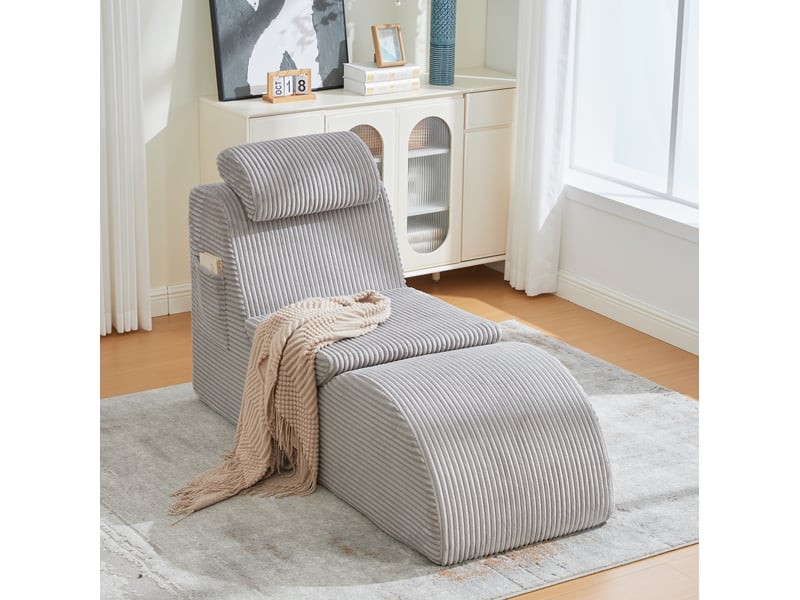 Fauteuil relax fixe en velours côtelé gris clair, avec repose-jambes et poche latérale pour vos moments détente  - Conforama B